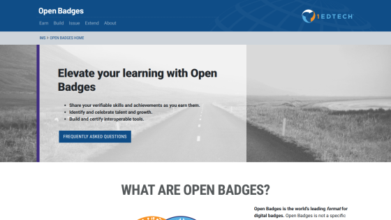 Open Badges website hero section with headline, description, and 'Frequently Asked Questions' button