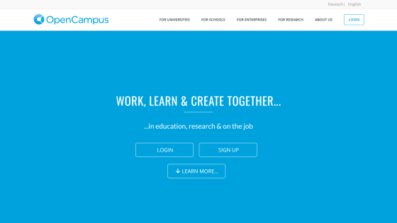 OpenCampus homepage with navigation links and a blue hero section inviting users to work, learn, and create together with login and sign up options