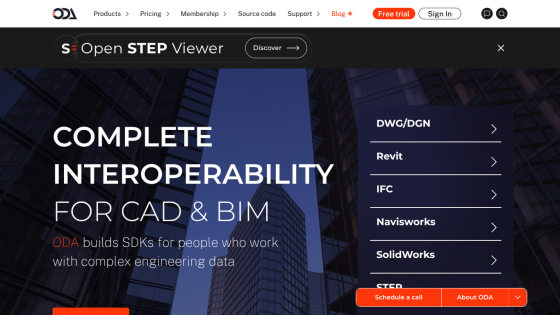 ODA website offering SDKs for CAD and BIM interoperability with options for DWG, Revit, IFC, and more
