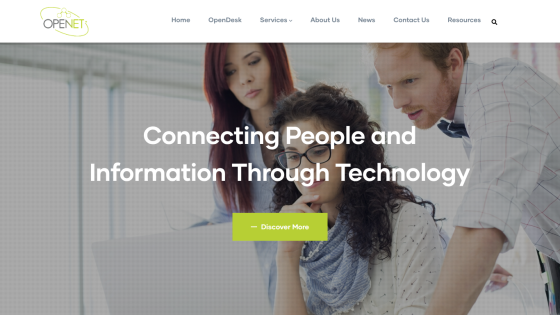 Website header with navigation and hero section showing people collaborating and text 'Connecting People and Information Through Technology'
