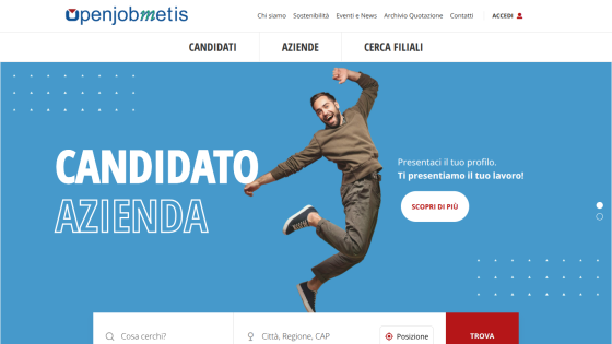 Job search website hero with options for candidates, companies, and branch search, featuring a jumping man and search bar
