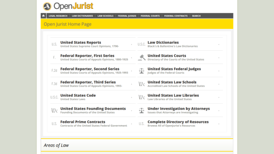 Open Jurist homepage displaying legal resources and areas of law.