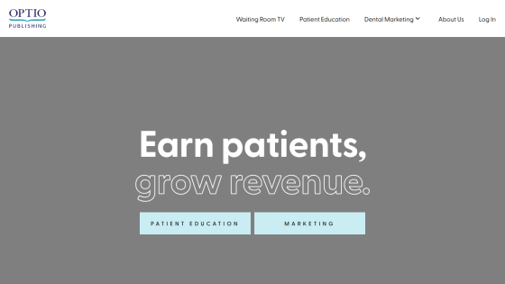 Optio Publishing website hero with headline 'Earn patients, grow revenue' and navigation links