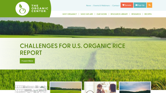 The Organic Center website with navigation links and a hero section about challenges for U.S. organic rice report