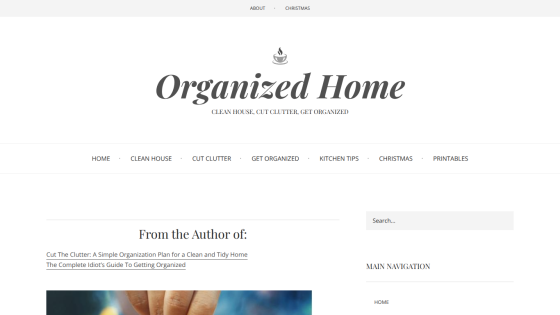 Organized Home website header with navigation links and author book titles on home organization and clutter cutting