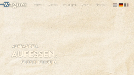 Wagner pizza website with navigation menu and slogan about baking and eating happily