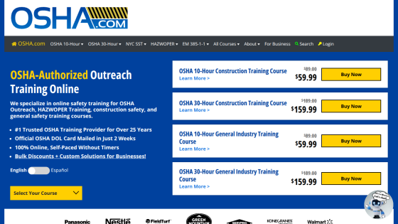 OSHA.com homepage offering authorized outreach training courses with pricing and course selection options