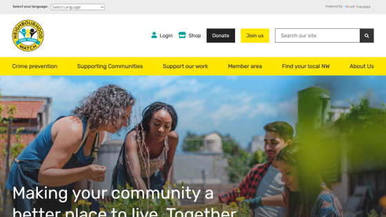 Neighborhood Watch website with navigation and hero image showing diverse people gardening, promoting community safety