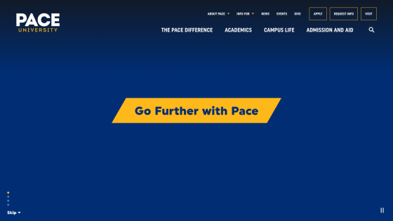 Pace University homepage featuring a bold call to action: 'Go Further with Pace'.