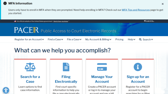 PACER website homepage offering options to search cases, file electronically, manage or sign up for an account