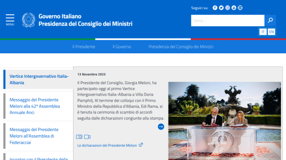 Italian government website showing news about the Italy-Albania intergovernmental summit with photo of officials signing agreements