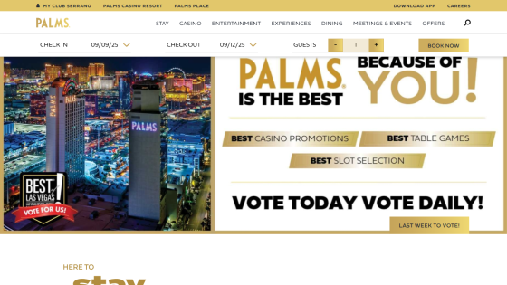 Promotional banner for Palms Casino with voting call-to-action and best awards.