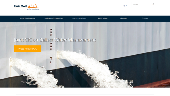 Paris MoU website with navigation and hero section on ballast water management and press release button