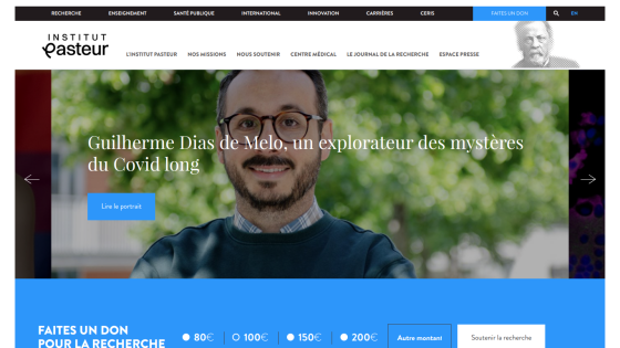 Homepage of Institut Pasteur featuring Guilherme Dias de Melo discussing Covid long-term effects.