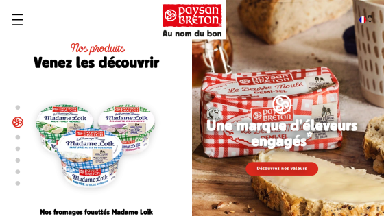Paysan Breton homepage featuring whipped cheeses Madame Loïk and a butter product with a call to discover brand values