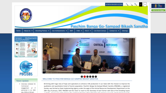 Paschim Banga Go-Sampad Bikash Sanstha website with navigation menu and hero image showing a group of people at an event