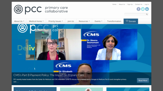 Primary Care Collaborative website with navigation and hero section about CMS's Part B Payment Policy impact on primary care