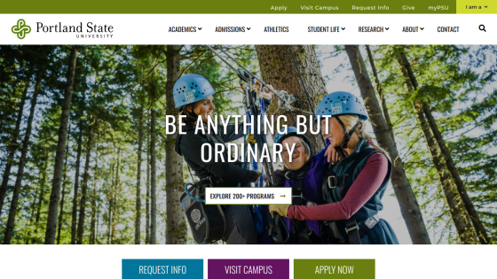 Portland State University homepage featuring a climbing activity with the slogan 'Be anything but ordinary.'