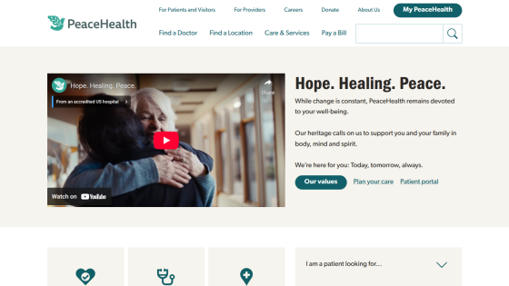 PeaceHealth homepage featuring a video and message about hope and healing.