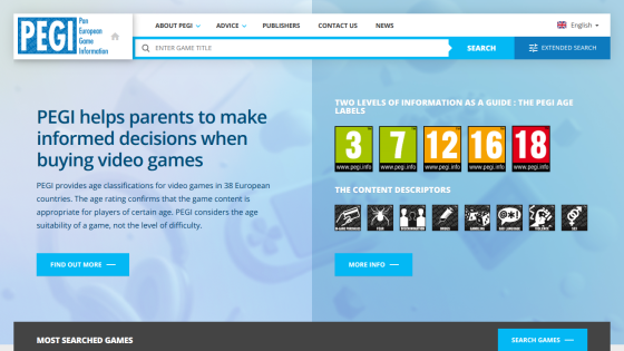 PEGI website homepage with information on video game ratings and parental guidance.