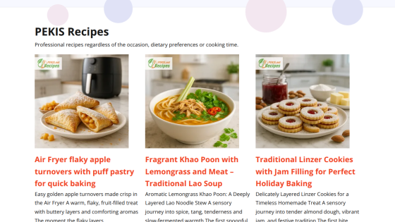 PEKIS Recipes homepage featuring professional recipes with images and descriptions of apple turnovers, Lao soup, and Linzer cookies