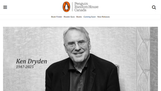 Penguin Random House Canada homepage featuring Ken Dryden's tribute with his name and years.