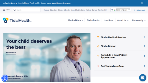 TidalHealth homepage with pediatric doctor image and options to find medical services, doctors, and schedule appointments