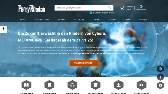 Perry Rhodan website with navigation, search bar, and hero promoting METAMORPH sci-fi series starting 21.11.25
