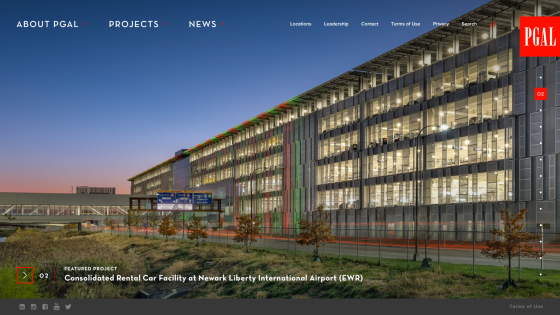 Website header with navigation and a featured project image of the Consolidated Rental Car Facility at Newark Liberty International Airport