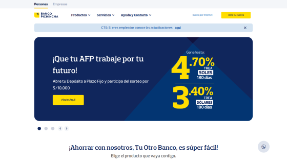 Banco Pichincha homepage with fixed deposit promotion offering up to 4.70% interest in soles and 3.40% in dollars for 180 days.