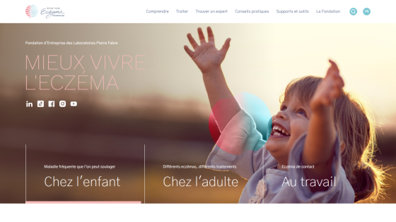 Pierre Fabre Eczema Foundation homepage with sections for children, adults, and work-related eczema information