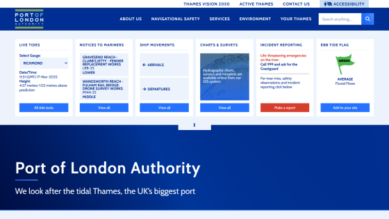 Port of London Authority homepage with navigation, live tides, notices to mariners, ship movements, charts, incident reporting, and ebb tide flag