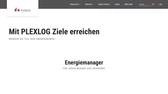 PLEXLOG website header with navigation and hero text about achieving goals and energy management
