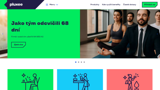 Website hero section showing a team practicing meditation with text about exercising 68 days and saving money, plus navigation menu.