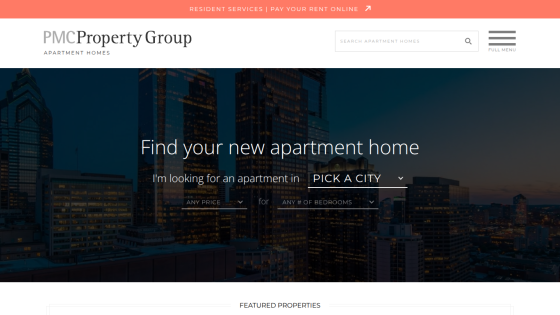 PMC Property Group homepage with city, price, and bedroom filters to find apartment homes.