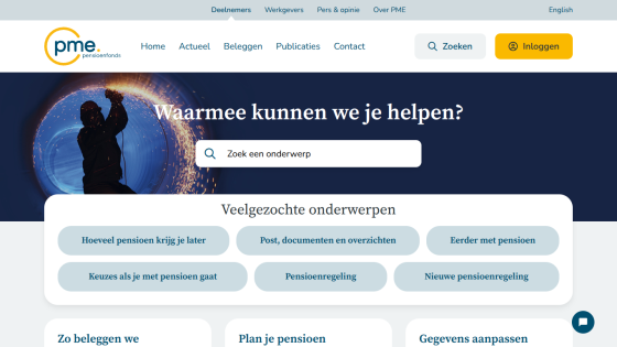 PME Pensioenfonds homepage with search bar and popular pension topics in Dutch