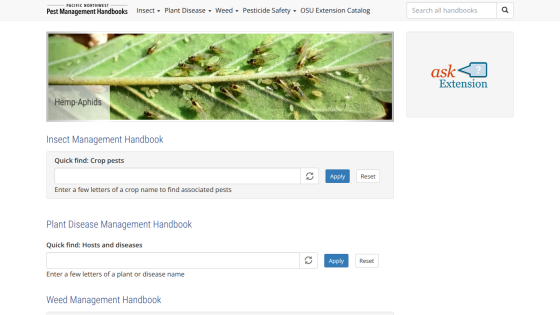 Pacific Northwest Pest Management Handbooks homepage with insect, plant disease, and weed management sections and search fields
