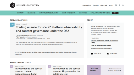 Research article page titled 'Trading nuance for scale? Platform observability and content governance under the DSA' with navigation and recent articles list