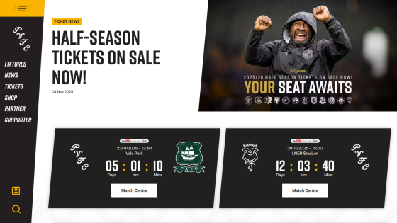 Half-season tickets on sale with countdown timers for upcoming matches at Vale Park and LNER Stadium