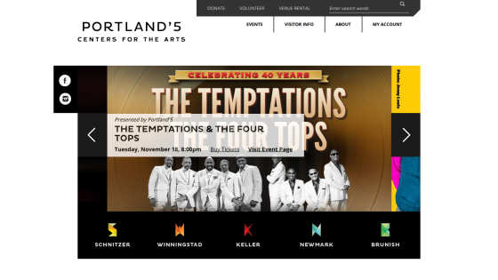 Portland'5 Centers for the Arts homepage featuring The Temptations & The Four Tops event on November 18 at 8:00pm