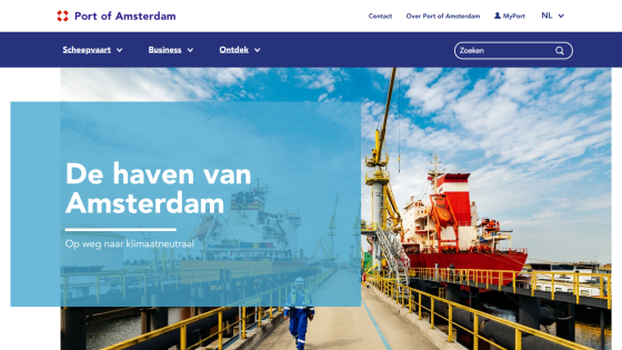 Port of Amsterdam homepage with navigation and hero section about climate-neutral goals