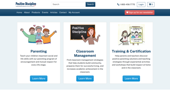 Positive Discipline website with sections on Parenting, Classroom Management, and Training & Certification