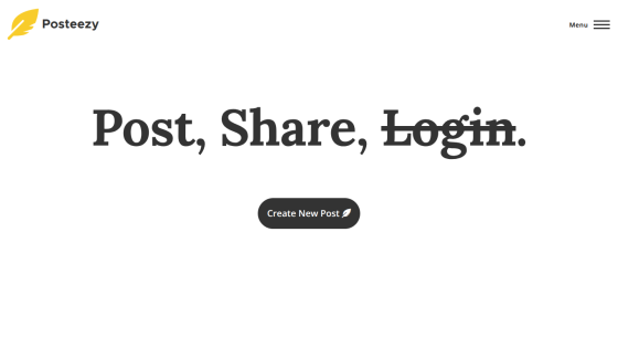 Homepage with options to post, share, or log in, featuring a call-to-action button.