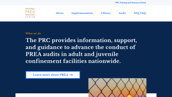 National PREA Resource Center homepage with navigation and mission statement about PREA audits in confinement facilities.