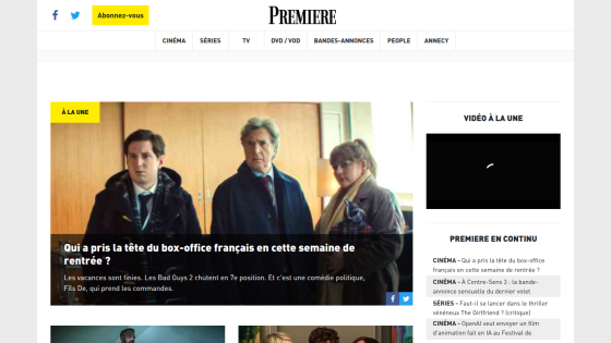 Homepage of Première featuring articles and images related to French cinema.