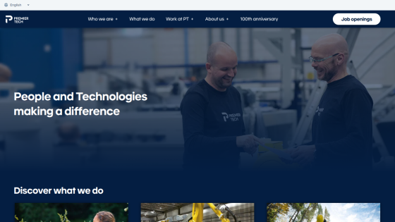 Premier Tech homepage with navigation, headline 'People and Technologies making a difference', and section 'Discover what we do'