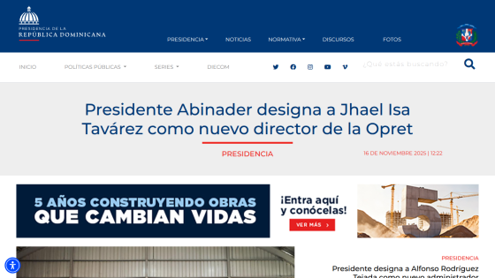 News headline about President Abinader appointing Jhael Isa Tavárez as new director of Opret with related construction project banner