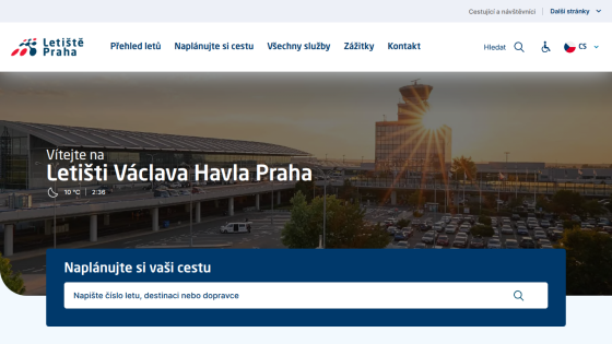 Welcome message for Václav Havel Airport Prague with a search bar for travel routes.