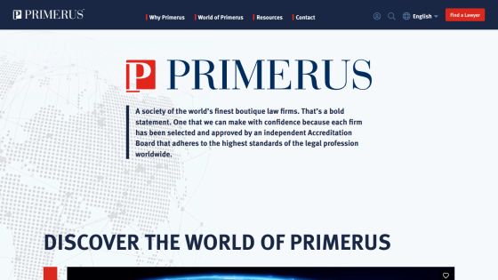 Primerus law firm network homepage with navigation and introductory text about boutique law firms