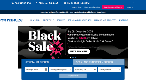 Princess Cruises website with Black Sale promotion offering up to $600 onboard credit per cabin and cruise search form
